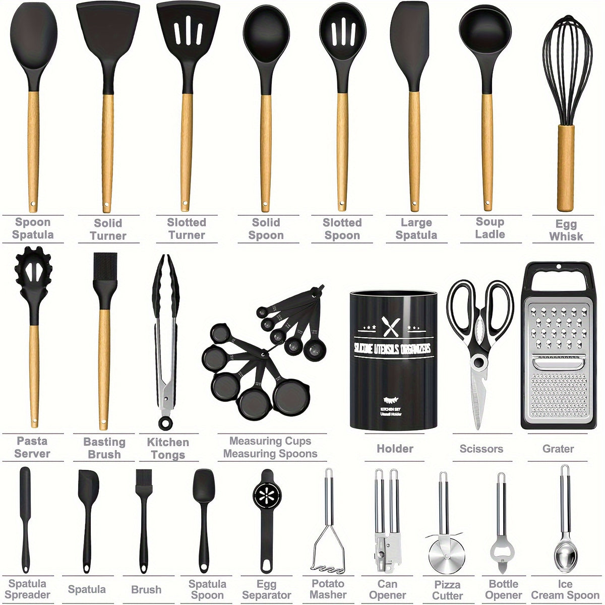 Kitchen Utensils Set- 34pcs Silicone Cooking Utensils with Holder, Heat Resistant Kitchen Utensil Spatula Set for Nonstick Cookware, Black Wooden Handles Kitchen Gadgets Tools Set Father Gift