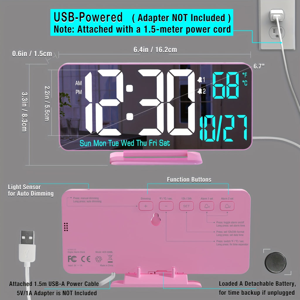 WHEAT Digital Alarm Clock for Bedroom - Corded Electric Desk Clock with LED Display, Date & Temperature, Dual Beep Alarm, Adjustable Brightness, USB Powered with 12/24H Format - Rectangle Plastic Frame