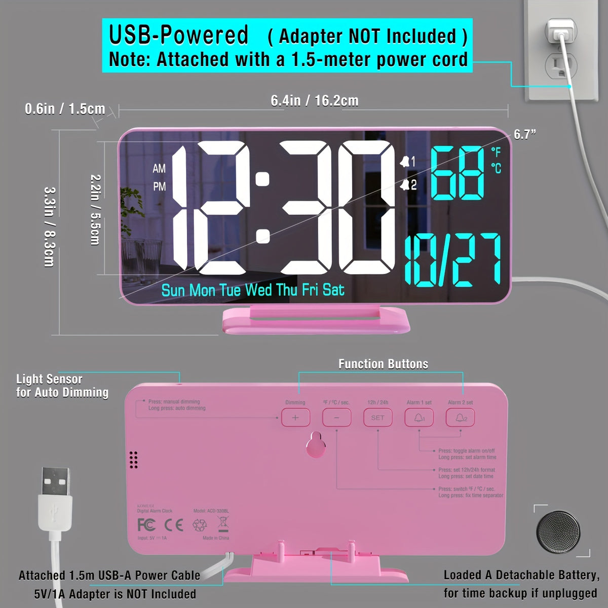 WHEAT Digital Alarm Clock for Bedroom - Corded Electric Desk Clock with LED Display, Date & Temperature, Dual Beep Alarm, Adjustable Brightness, USB Powered with 12/24H Format - Rectangle Plastic Frame