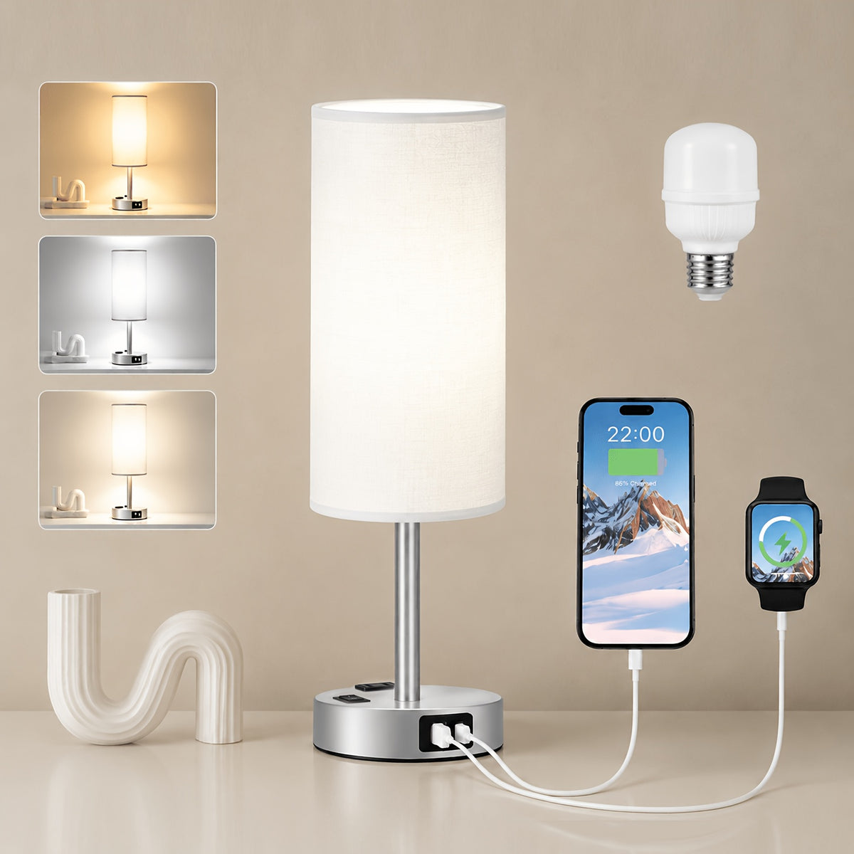 Dimmable Table Lamps with USB Charging Ports And AC Outlet, 3-Way Switch Control Bedside Nightstand Lamps, Wood/Metal Base, Modern Desk Lamps for Bedroom, Living Room, Office, Bulbs Included (1/2 Pack)