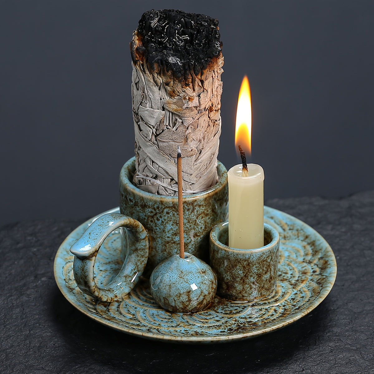 1pc Premium Ceramic Incense Burner, 4-in-1 with Handle, Suitable for Incense Sticks, Sage, Candle Holder, Perfect Ash Collection, Exquisite Home Decor Tray, Ideal for Yoga, Meditation, Housewarming, Gifts for Friends and Family