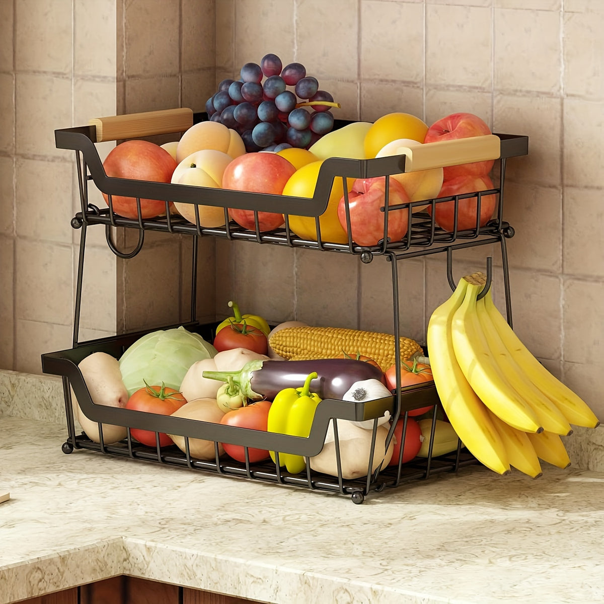 2-Tier Countertop Fruit Basket with 2 Banana Hangers for Kitchen, Detachable Metal Organizer for Bread Vegetable Fruits with Wooden Handle, Large Capacity Rectangular Storage Stand Bowls, Black