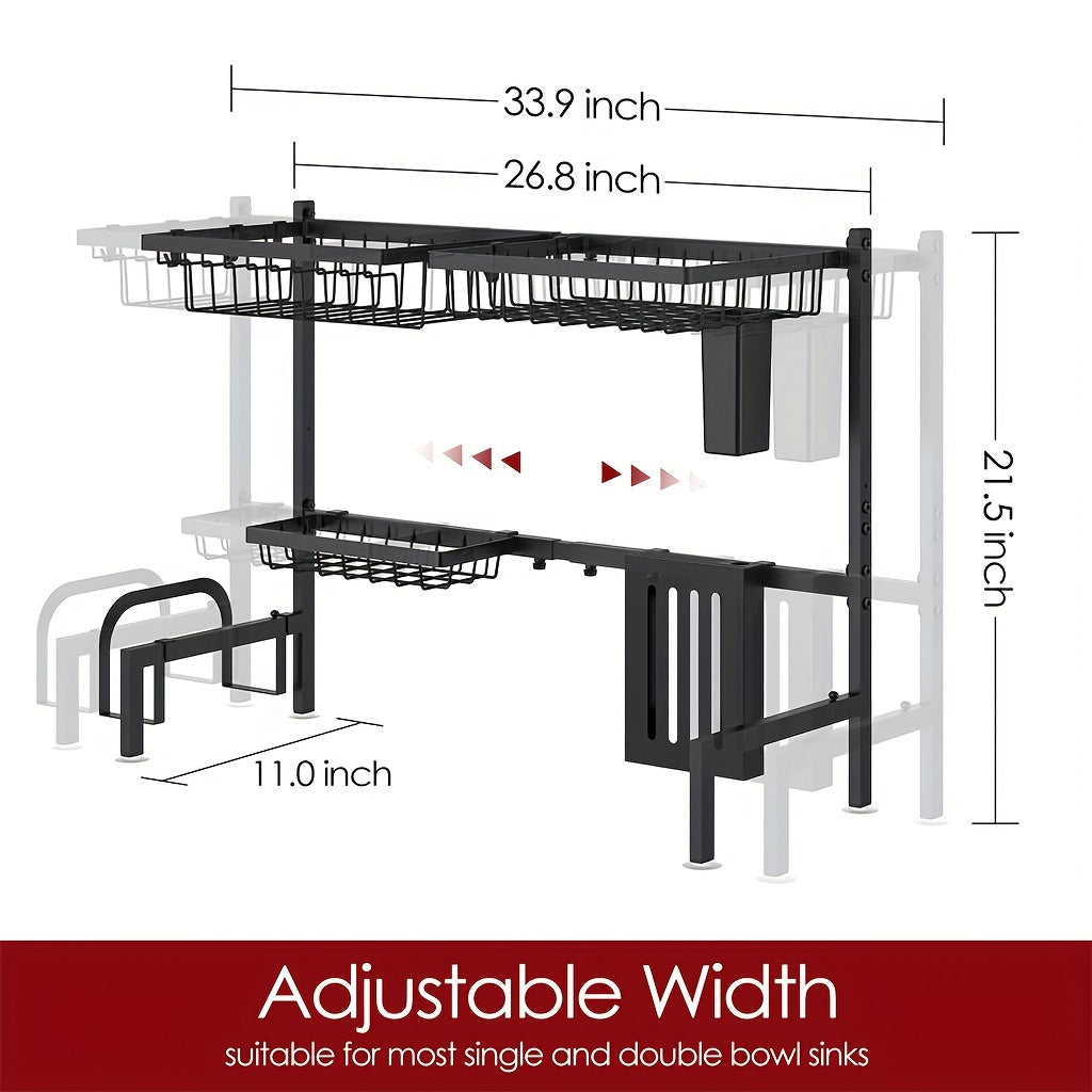 Expandable Multi-Tier Black Kitchen Organizer with Dish Rack, Drainage Tray, Spice Shelf & Towel Holder - Space-Saving Sink Storage for Dishes, Utensils | Durable Black Metal | Dustproof Design, Kitchen Accessories, Kitchen Organizers And Storage