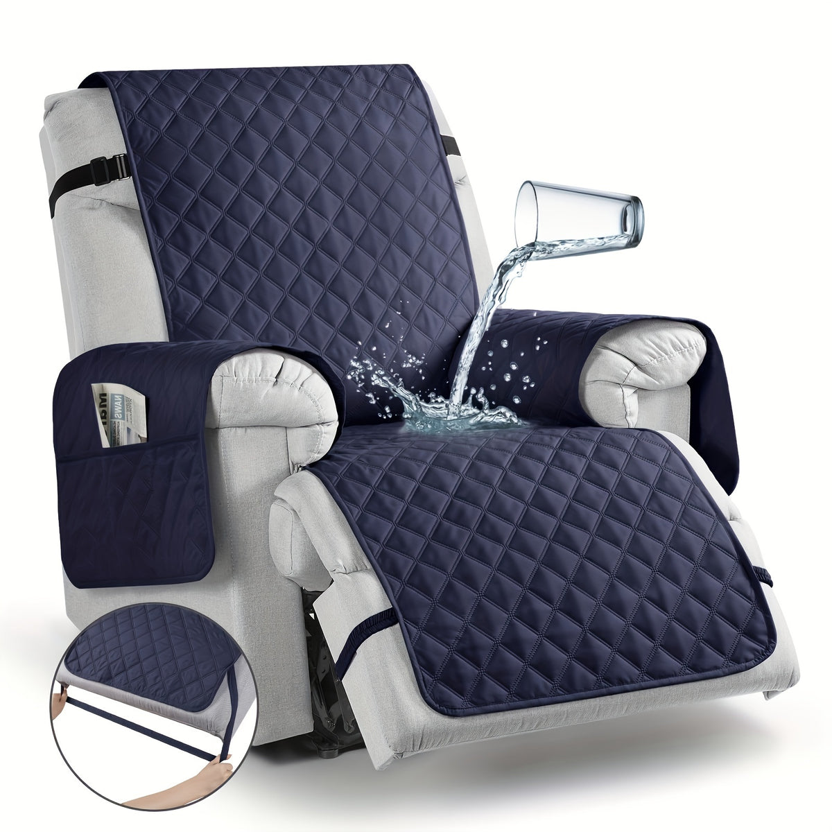 100% Waterproof Recliner Chair Cover, 1pc Non-Slip Recliner Covers With Pocket, Washable Reclining Chair Cover For Dogs Cats, Furniture Protector With Adjustable Strap, Home Decor