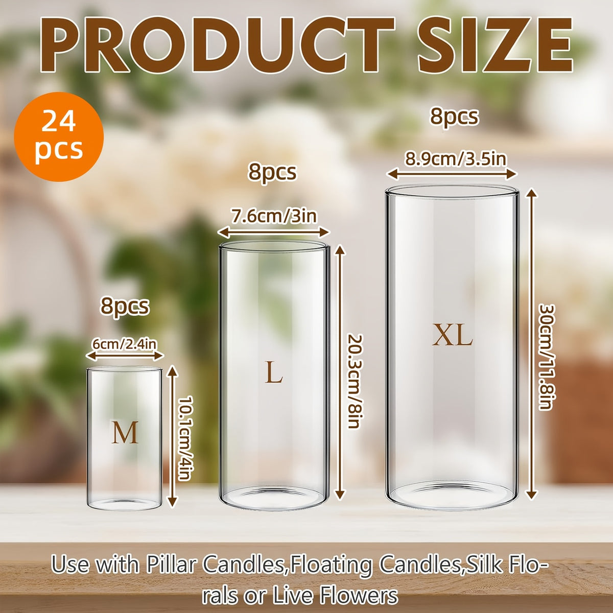 TOMNK 15/18/24/48pcs Glass Cylinder Vase in 3 Different Sizes (4In/8In/12In H), Clear Candle Holder, Tall Clear Vases for Halloween Decorations, Wedding & Party Centerpieces, Glass Flower Vase for Home Decor Party