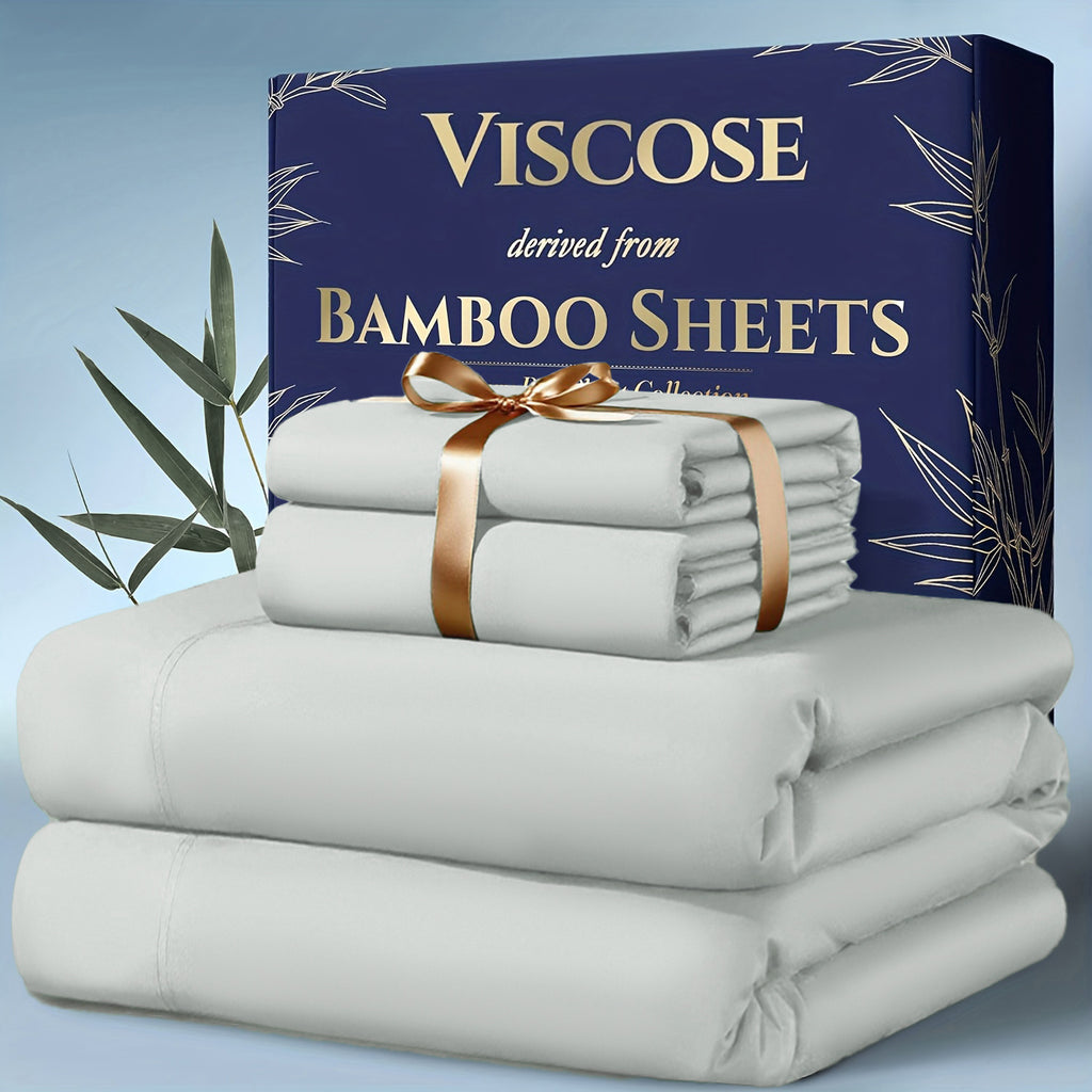 3/4pcs Cooling Bamboo Bed Sheet Set, Kids' Sheet & Pillowcase Sets 2000 TC Extra Deep Pocket 16 Inch Bed Sheet, Luxury Soft Hotel & Cooling Sheet Set for Hot Sleepers, Fitted Sheet+Flat Sheet+Pillowcases, Twin/ Full/ Queen/ King