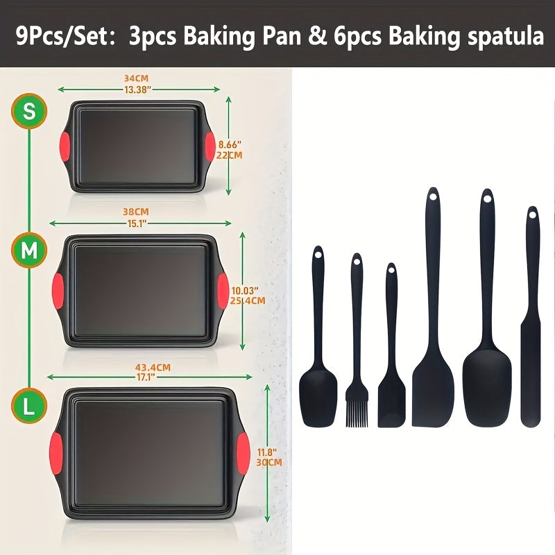 3/9pcs Carbon Steel Non-stick Kitchen Oven Baking Pan, Luxurious And Fashionable Non-stick Inside And Outside, Commercial Grade Restaurant Quality Metal Baking Pan, With Red Silicone Handle