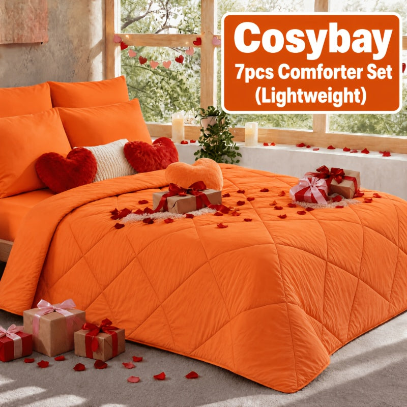 Cosybay 7 Piece Pinch Pleated Comforter Set Queen King Size, Luxury Soft Fluffy Bedding Includes 1 Comforter, 1 Extra Deep Pocket Fitted Sheet, 1 Flat Sheet, 4 Pillowcases & Pillow Covers, Perfect for Halloween Party, Holiday Celebrations & Birthday