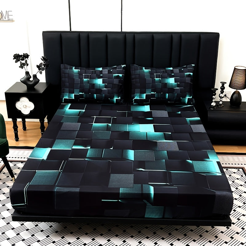 2D Flat 3pcs Cool Technology Digital Printing Material Plaid Fitted Sheet(1pc Bed Sheet+2pcs Pillowcase No Filling) Deep Pocket In 15 Inch, At Home Dormitory Suitable for All Seasons Mattress Protector