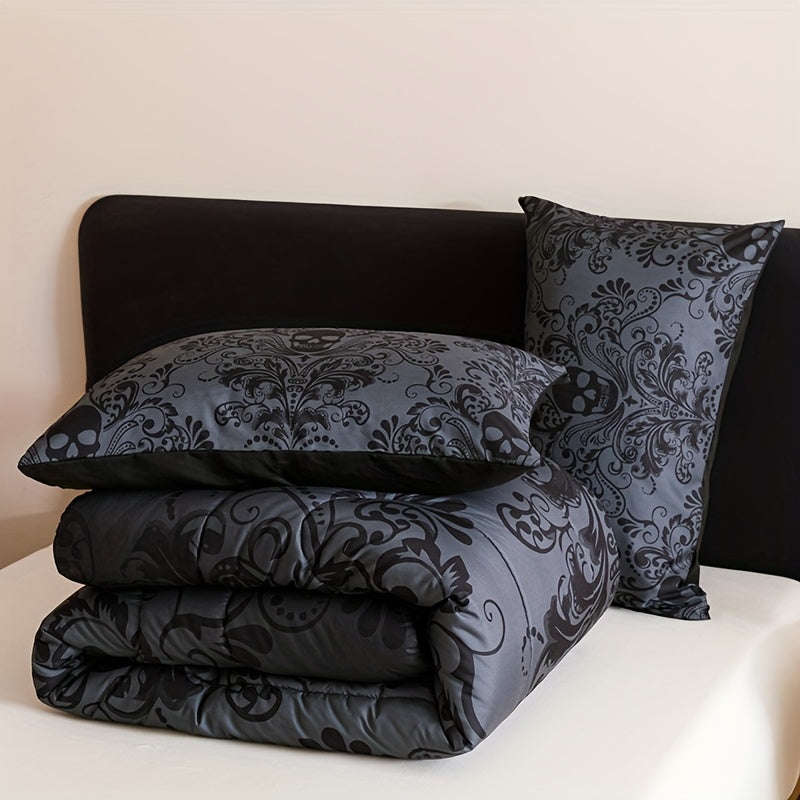 2D Flat 3pcs Black Gray Design Skull Quilt Set (1 Comforter +2 Pillowcases Without Pillow Core), Contains Padding 180gsm Quilting Soft Ventilate Digital Printing Bedroom Dormitory At Home Room Decor Back-to-School Season Valentine'S Day Gift-Giving