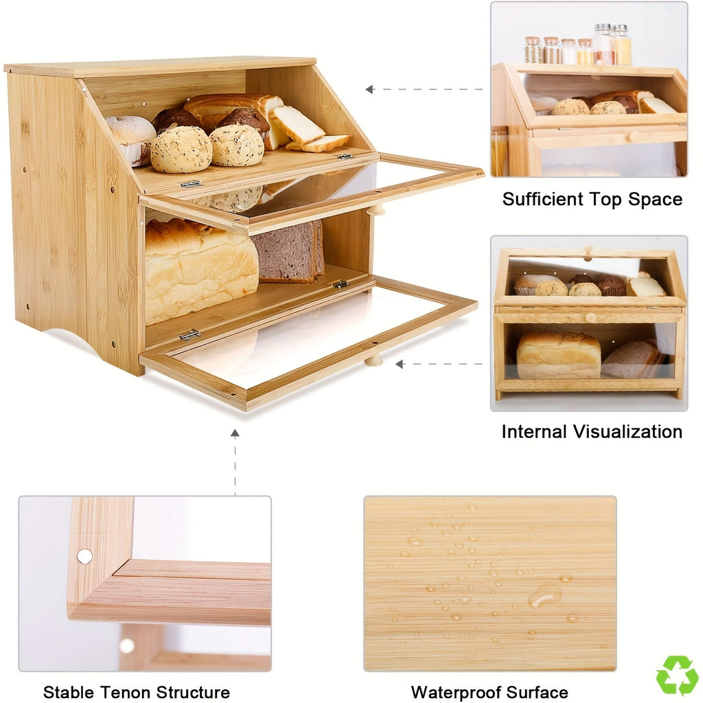 Double Layer Large Bread Box for Kitchen Counter, Wooden Large Capacity Bread Storage Bin (Natural Bamboo)