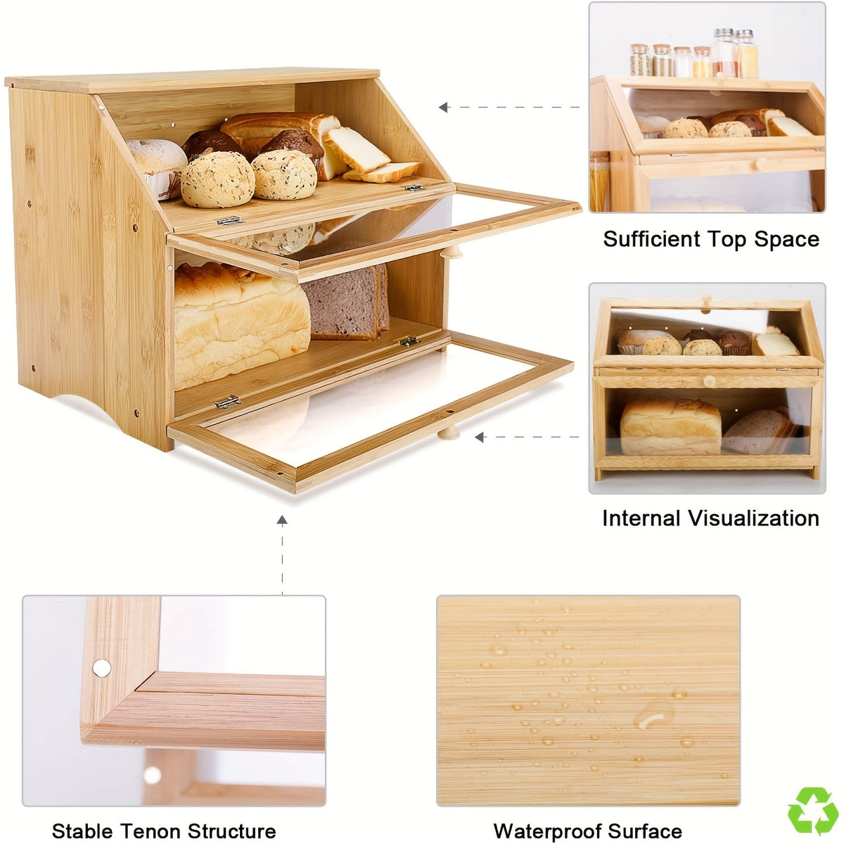 Double Layer Large Bread Box for Kitchen Counter, Wooden Large Capacity Bread Storage Bin (Natural Bamboo)