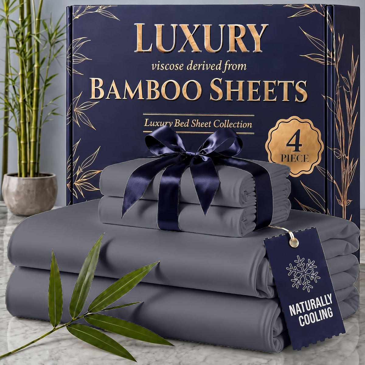 4pcs Cooling Bamboo Blend Sheet Set, Breathable Soft Sheets for Hot Sleepers, 14-Inch Deep Pocket, Twin/Full/Queen/King, Kids Room Decor, Christmas Holiday Home Decor
