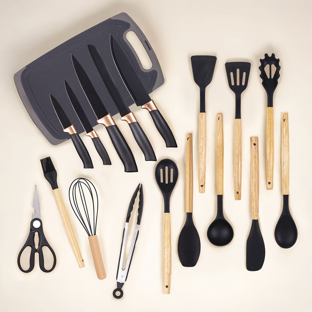 19pcs Kitchen Knife And Utensil Set, Non-Stick Black Knife Set with Wooden Handles, Silicone Cooking Tools, Cutting Board, Scissors And Holder, Best Gift for Parents