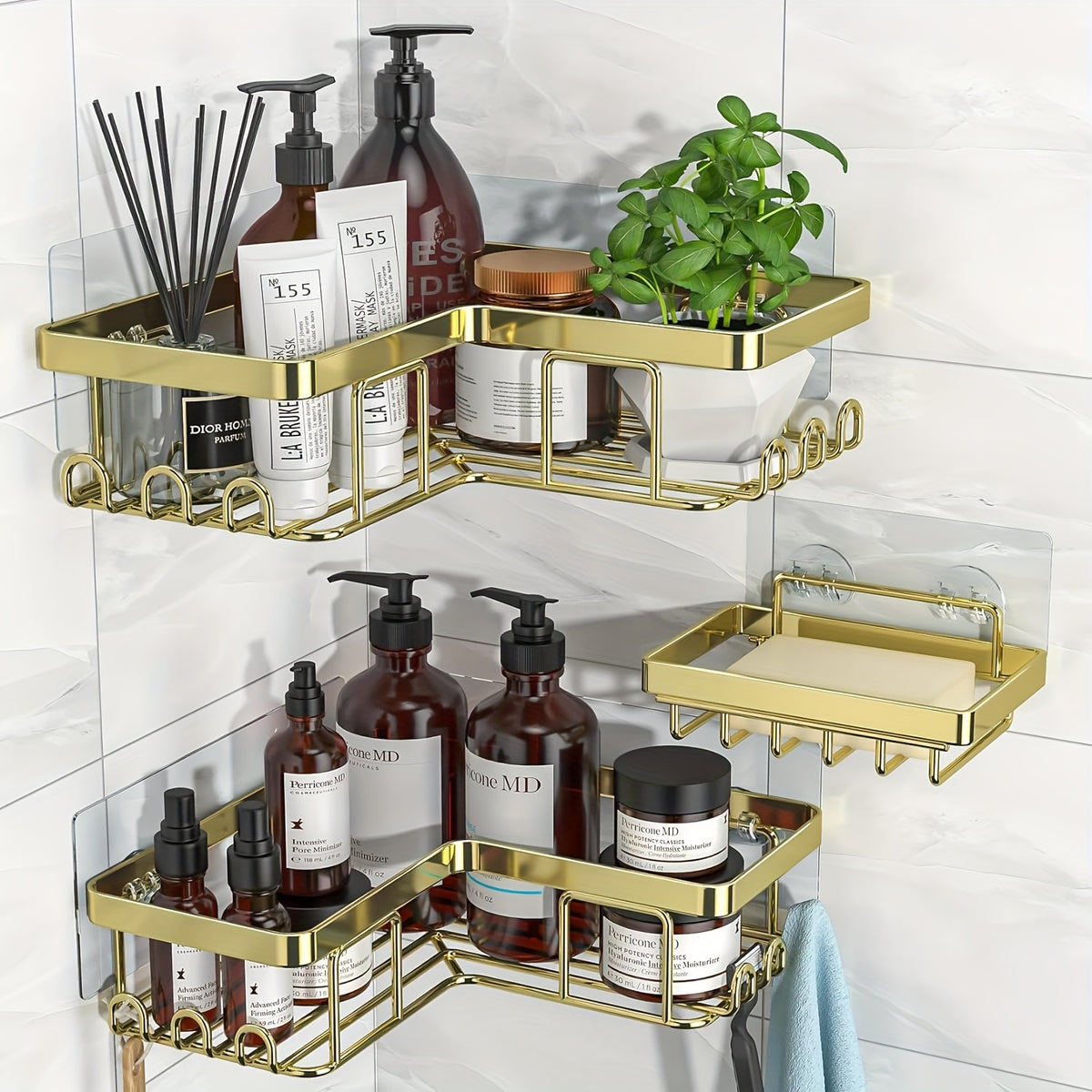 Corner Adhesive Shower Caddy, with Soap Holder And 12 Hooks, Rustproof Stainless Steel Bathroom Organizer, No Drilling Wall Mounted Rack, Random Color Properties to Choose, Shower Caddies