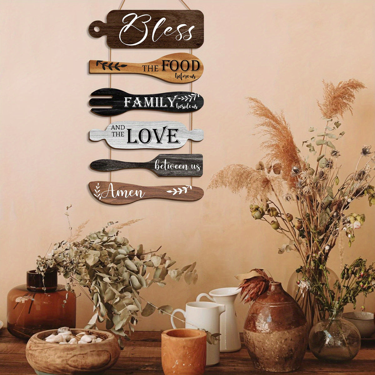 6 Pieces Bless The Food Before Us Farmhouse Kitchen Wall Decor Wood Board Set - Dining Room Decor Hanging Wall Art, Simple Rustic Style - Wood Rope Plaque Sign