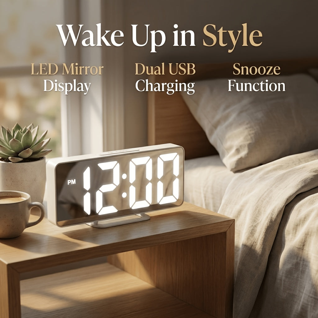 Latest Fashion Digital Clock, LED Alarm Clock for Bedroom, with Mirror, Shows Temperature And Day of The Week, Large Display Electronic Desk Clock, Adjustable Brightness, 12/24 Hours, Small Bedroom Alarm Clock, Christmas Gift Decoration
