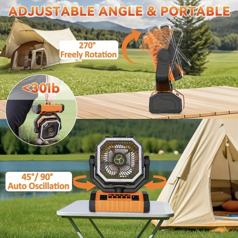 20000Mah Portable LED Camping Fan with Built-In Light, Rechargeable Fan, USB Rechargeable Outdoor Fan for Tents, Hiking, Fishing - Rugged Compact Design, Green And Orange, Hiking Essentials, Sturdy Handle Feature, Camping Additions