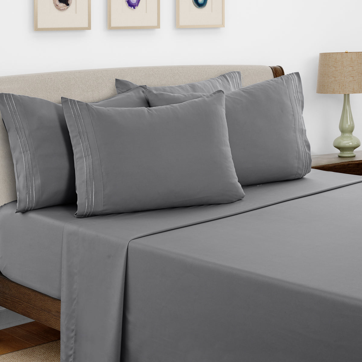 Lux Decor 6 Pieces Solid Bed Sheets Set - Modern Soft Comfortable Bedding Set, Hotel Luxury Skin Friendly Cooling Sheets & Embroidered Pillowcases Without Filler - All Seasons Bed Sheet with 16 Inches deep Pocket, Breathable Skin Friendly & Cooling Sheets