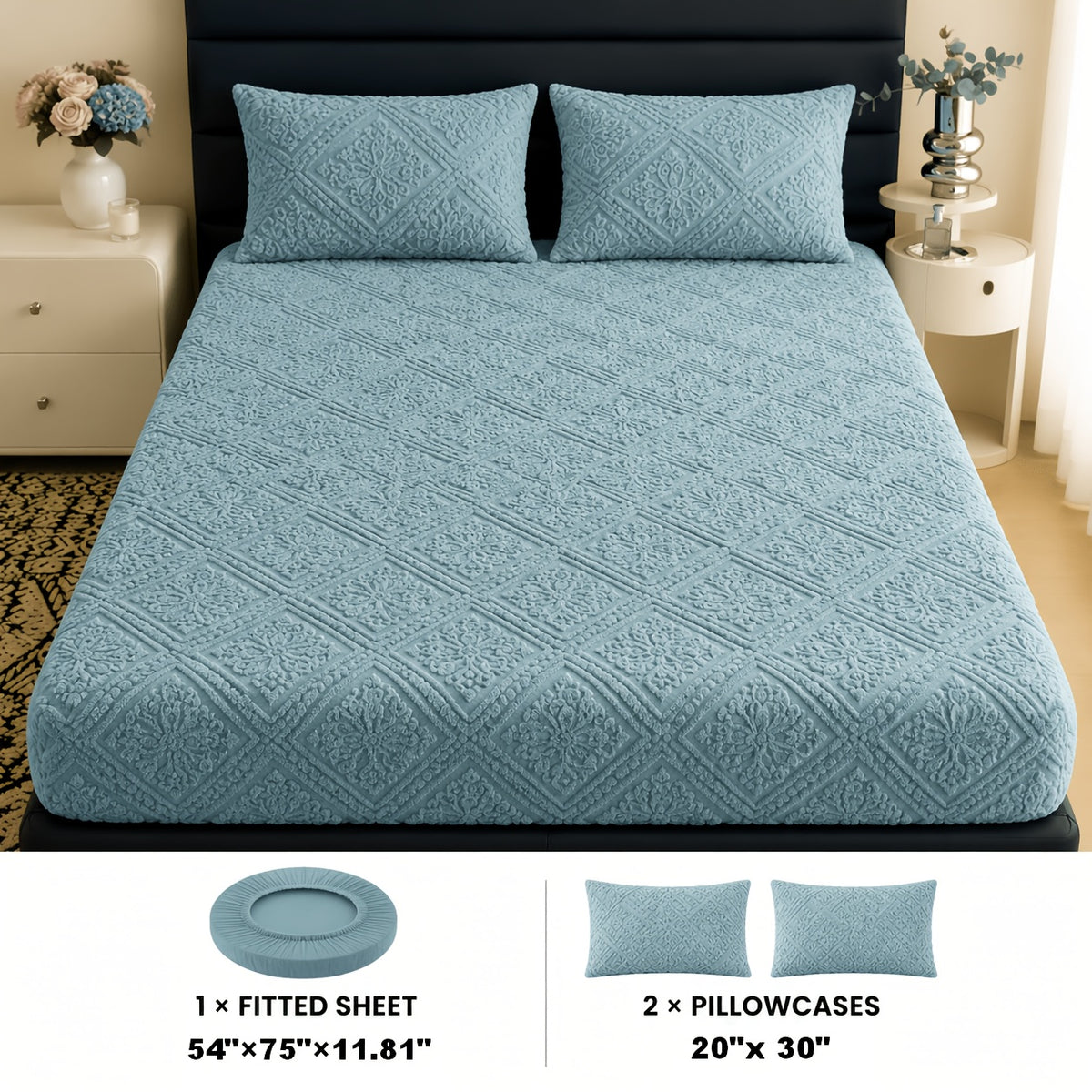 Embossed Fitted Sheet with Optional Pillowcases, Soft Deep Pocket Machine Washable Bedding in White, Gray, Khaki, Blue and Green for Twin Full Queen King