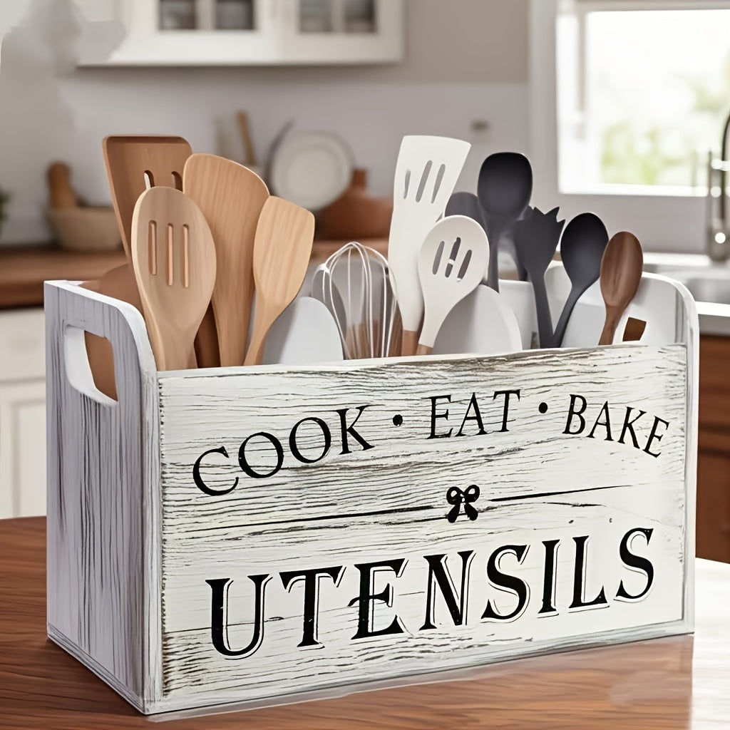 Extra Large Rustic Wooden Utensil Organizer - 3-Compartment Countertop & Wall-Mounted Storage Box for Cooking/Baking Tools, Heavy-Duty Kitchen Rack with Multi-Functional Design (Natural Wood)