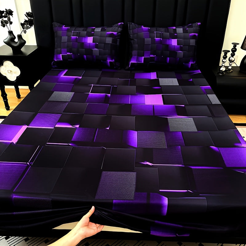 2D Flat 3pcs Cool Technology Digital Printing Material Plaid Fitted Sheet(1pc Bed Sheet+2pcs Pillowcase No Filling) Deep Pocket In 15 Inch, At Home Dormitory Suitable for All Seasons Mattress Protector