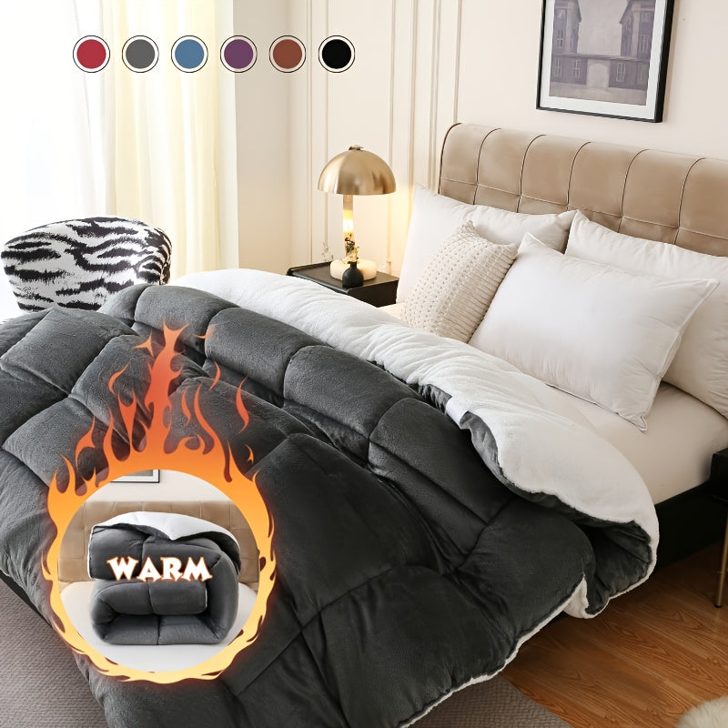 1pc Thick Soft Comforter Plush Flannel Sherpa Comforter, 600G Filling Ultra Breathable All Season Comforter Double-Sided, Box Stitch Solid Color Comforter For Bedroom, Warm For Autumn And Winter Comforter, Gift, Home Deco