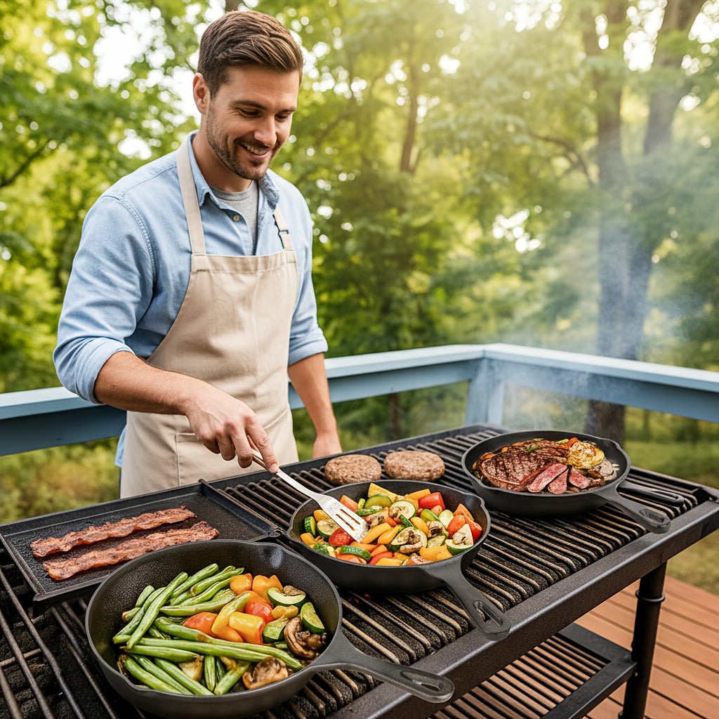 Cast Iron Skillet, Cast Iron Frying Pan Uncoated Set, Frying Pan with Drip Spout, Heavy Duty Pan Cookware, Household Pans, Kitchen Accessories, Home Cooking, Suitable for Frying, Stir-Frying, Cooking, Baking, Camping Gear And Equipment