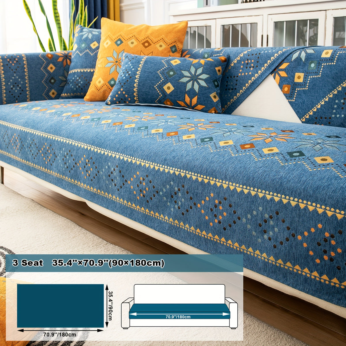 1pc Bohemian Chenille Sofa Cover Suitable for Sofa Sizes (Single to Four-Seater) - Thick Plush Non-Slip Couch Cover with Geometric Embroidery, Chenier Fabric Slipcover Fits for Sectional Sofas, Machine Washable Furniture