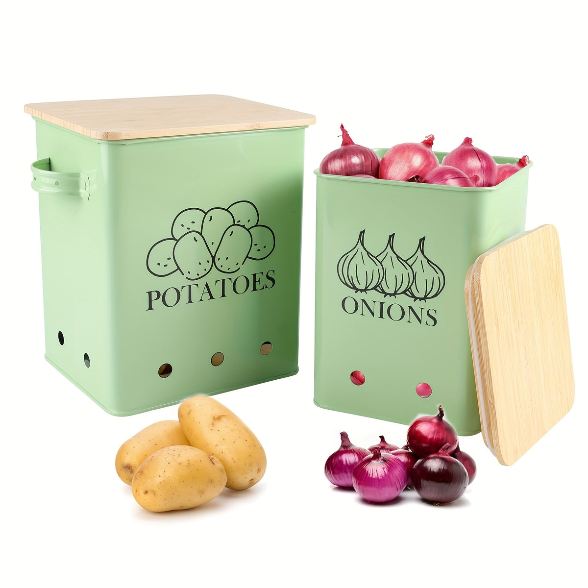 Kitchen Storage Canister, Potato Onion Storage Bin With Aerating Tin Storage Holes & Wooden Lid, Kitchen Organizers For Onion, Potato, Fruit, Black