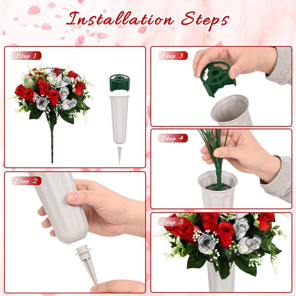 1/3pcs Artificial Cemetery Flowers for Graves with Saddles, Artificial Silkyy Rose Flowers And Bouquets with Vases, Headstone Flower Saddle, Memorial Day Flowers for Cemetery, Outdoor Grave Headstone Decoration
