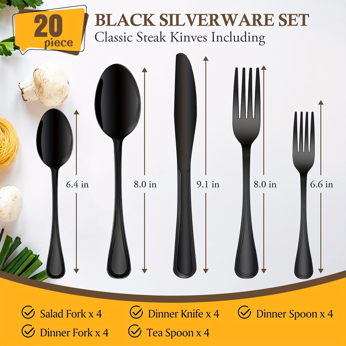 Stainless Steel Flatware Cutlery Set, 20/22/40/60/72pcs for 4/8/12, Silvery/Black/Golden, for Home Kitchen Restaurant Hotel, Affordable Utensils Set, Mirror Polished, Dishwasher Safe, Perfect for Gifts Weddings Outdoor Camping.Local Warehouse