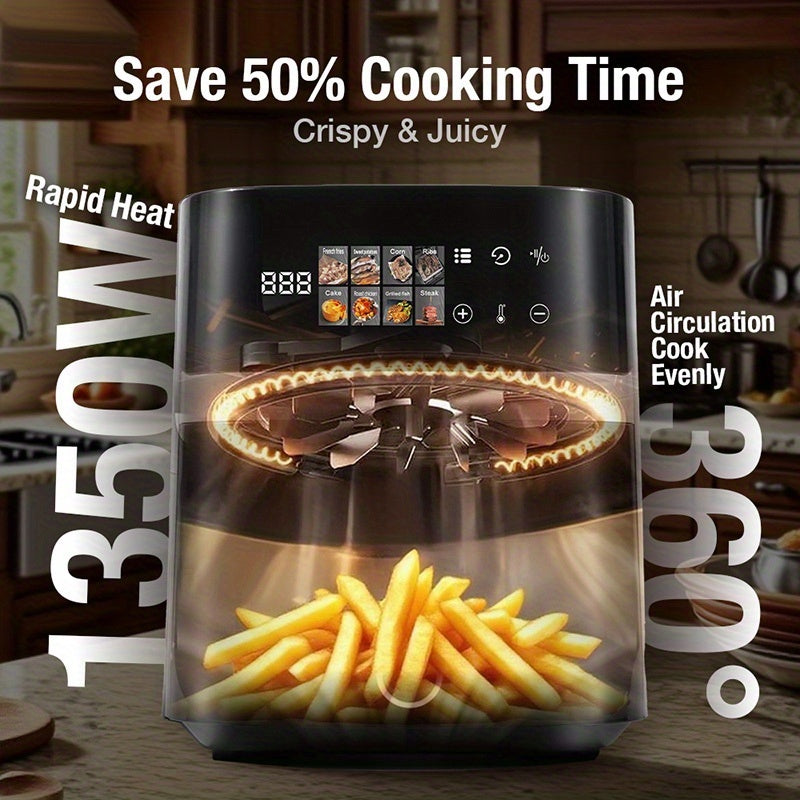6-Quart Air Fryer - 8-in-1 Electric Hot Air Oven with LED Touchscreen, Non-stick Fry Basket, And 1350-watt Power. This Large-capacity Air Fryer Features 360° Hot Air Circulation, A Clear Touchscreen, And Integrated Heat-insulated Handles. Black.
