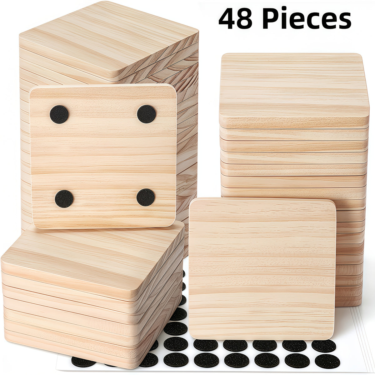 24/48/96pieces Unfinished Wood Coaster Blanks(4 Inch Square & Round) With Non-Slip Foam Stickers - Craft Supplies For Painting, Engraving, Burning & Decor - Ideal Handmade Gifts & Home Decor For Christmas Halloween Easter, Mother'S Day Craft Gift