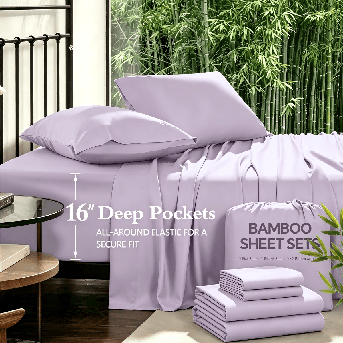 3/4pcs Bamboo Bed Sheet Set with Pillowcases, 16" Deep Pockets Soft Breathable Fitted Sheet, Queen King Size Bed Sheets, Bedroom Home Decor Bedding for Daily Use