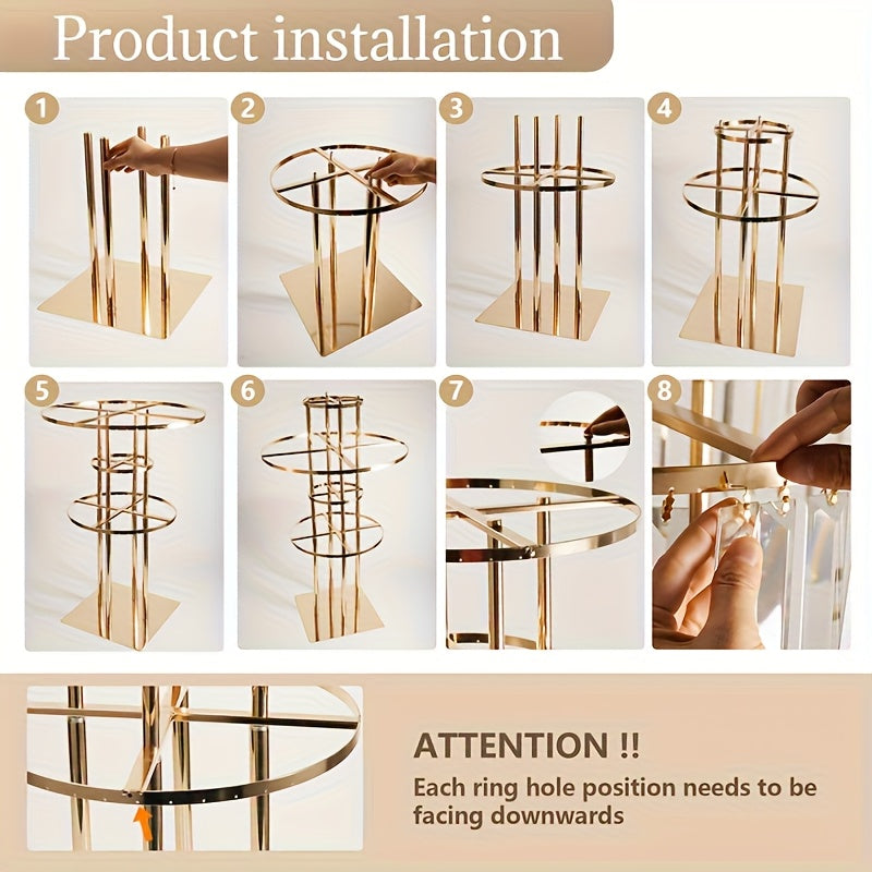 Gold Wedding Flower Stand, Five Tier Chandelier Style Metal Pedestal with Hanging Crystal Decorations for Aisle, Stage and Reception Centerpieces