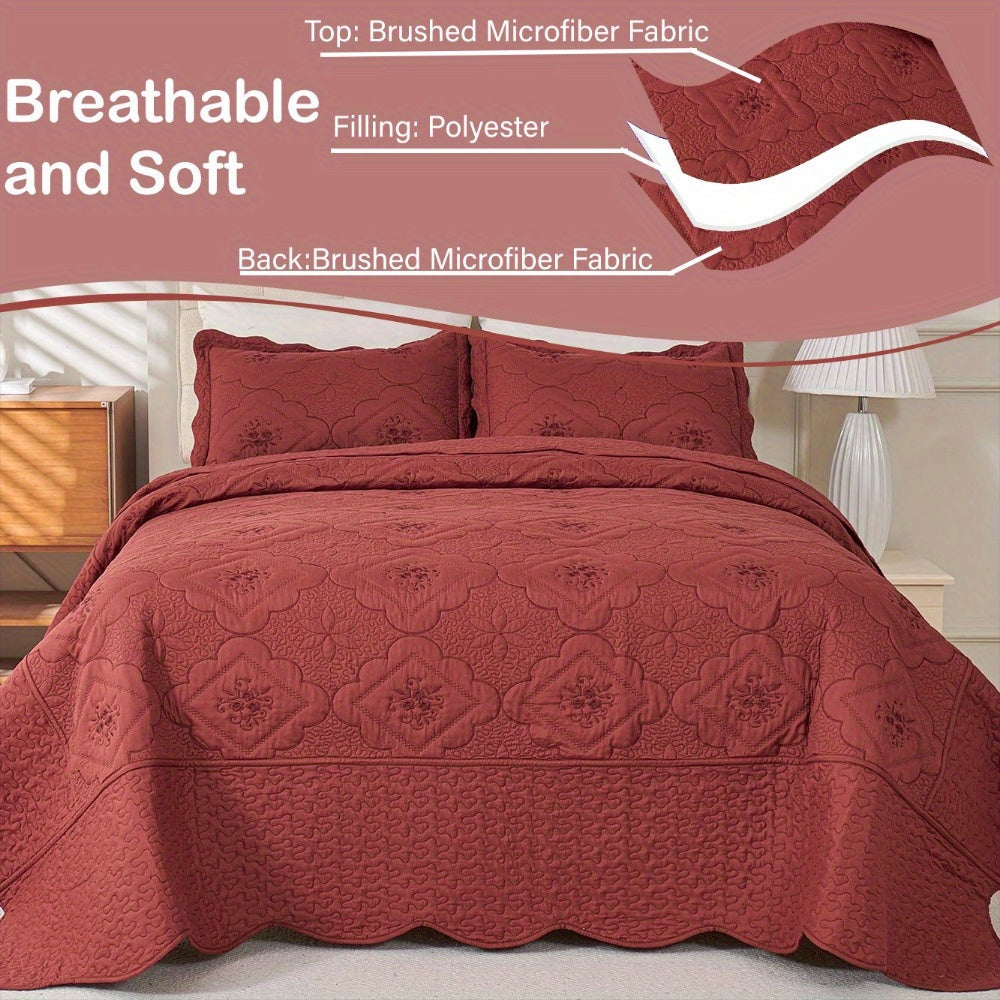 3pcs Exquisitely Crafted King/ Queen Size Quilted Bedspread Set with Intricate Floral Embroidery - 100% Polyester, Wrinkle - Resistant, Lightweight, Perfect for Adding A Touch of Elegance To Your Bedroom Decor
