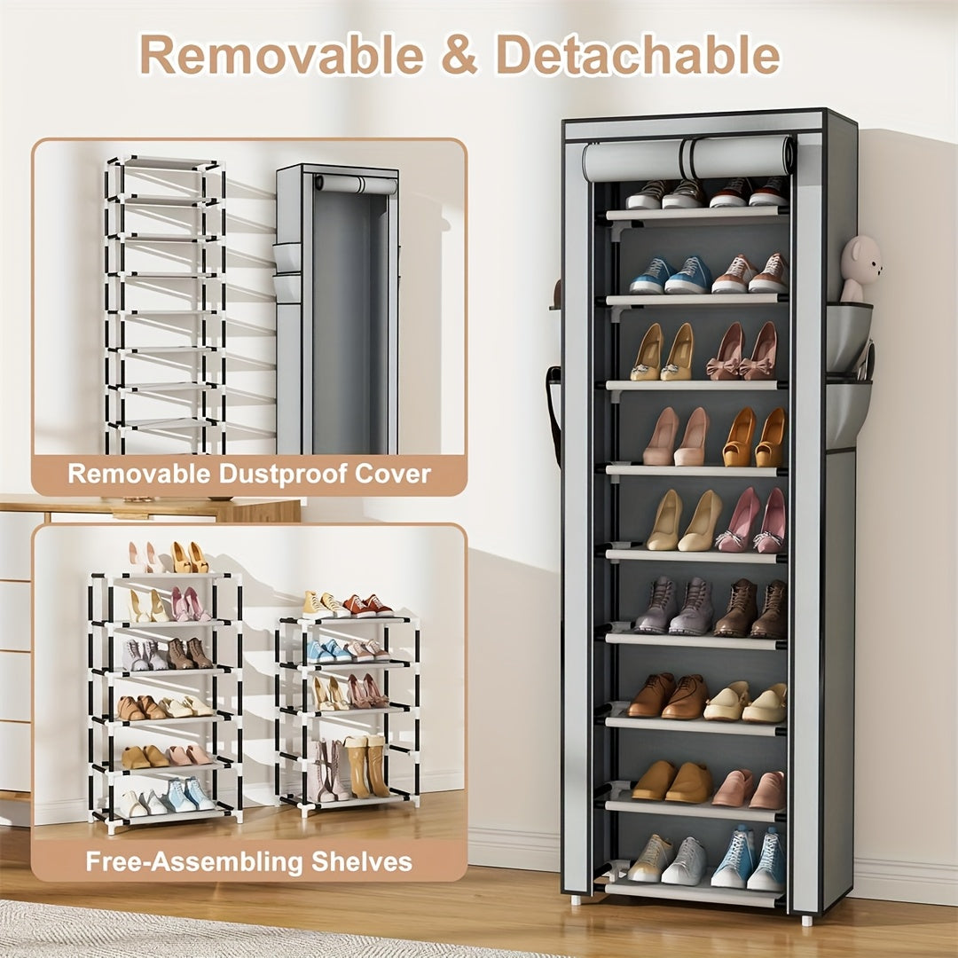 10-layer 9-compartment Large Sturdy Non-woven Shoe Cabinet, with Dust Cover Two Cloth Bags, Space-Saving Narrow Design, Easy Assembly for Entryway, Closet, Dorm, Home - Multi-Layer Combination Storage Cabinet for Cloth And Steel Shoes