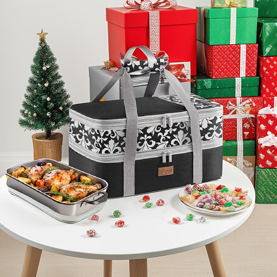 Expandable Insulated Casserole Carrier Suitable for Hot/Cold Food - Double Decker Tote with Rectangular PET Thermal Bag, Fits 9"x13" Baking Dish for Lasagna, Potlucks, Picnic, Christmas & Valentine's Gift for Cookouts, Parties