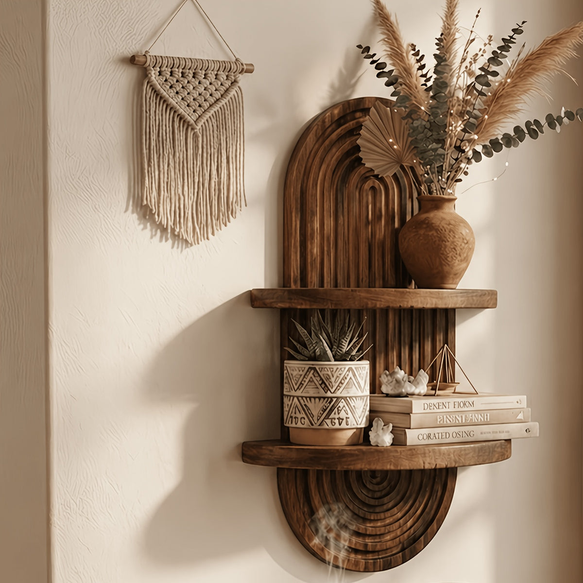 2-Tier Rustic Wood Floating Shelves for Wall, Hanging Plant Shelf Indoor, Wall Mounted Flower Pot Display Rack, Kitchen Storage & Living Room Decor, Window Sill Plant Stand, Bedroom & Entryway Organizer, Suitable for Outdoor Entrance Decoration
