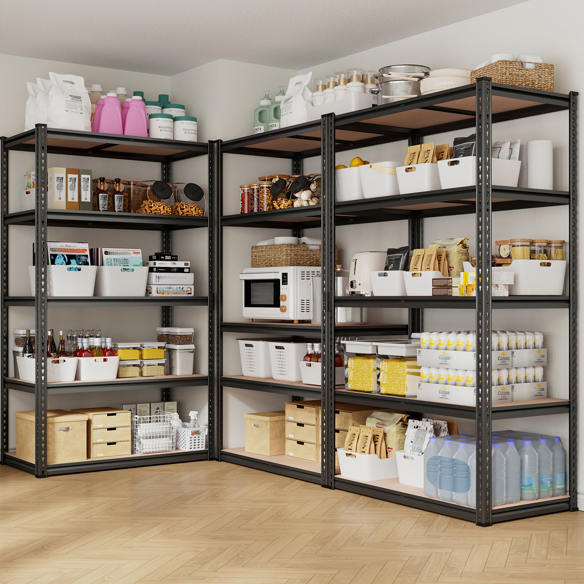 2020LBS Storage Shelves 5 Tier 72" H X 35.55" W X 16" DGarage Shelving Heavy Duty, Adjustable Metal Shelving Unit, Garage Shelves for Basement, Warehouse, Pantry, 72" H X 35.55" W X 16" D, Black, Standing Shelf