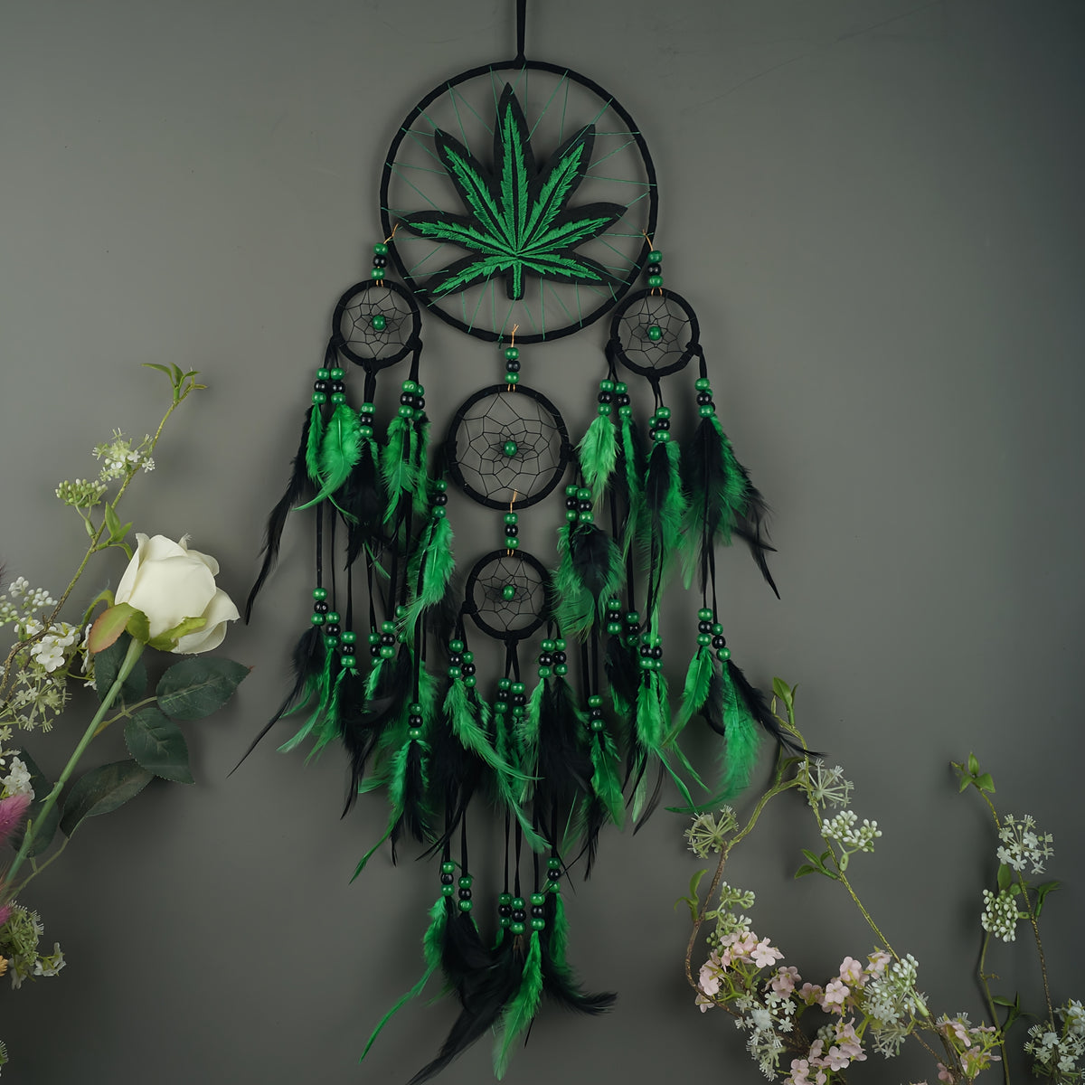 Bohemian Leaf Embroidered Dream Catcher with Feathers & Leaf Pot - Fabric Weed Gift for Women/Men, -Themed Tale Decor for Christmas, Bedside, or Cabin (Embroidery, Not Smokeable)
