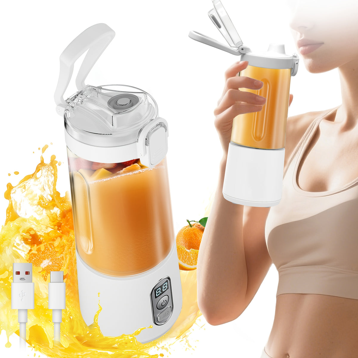 LALAYUAN USB-Powered Juicer & Juicer with Digital Timer, Battery Left Display, High-Speed Ice Crush, USB-C Fast Charge, One-Tap NO-Spill Lid, 6-Blade Stainless Steel - Smoothie Blender Portable, Protein Shakes, Gym, Travel Smoothie Maker