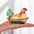 Chicken Shaped Glass Candy Jar with Lid, Decorative Hen Storage Dish in Glazed Color or Amber for Snacks, Kitchen Tables and Desk Displays
