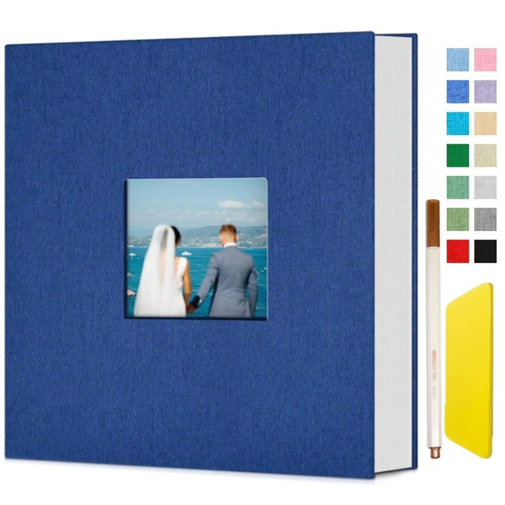 11.5*10.6in Photo Album Self Adhesive With Picture Display Window, 40/ 60 Pages Baby Memory Book For 4x6 8x10 Picture, Linen Cover Scrapbook For Wedding, Back To School Gifts, With Scraper And Two Metallic Pens Valentines Day Gifts