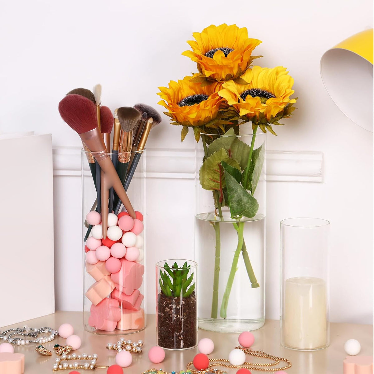 WHONLINE 16pcs Clear Glass Cylinder Vases, 4, 6, 8, 10 Inch Tall Cylinder Vases for Party Centerpieces, Hurricane Floating Candle Holder Vase for Table Shelf, Party, Collectible Buildings & Accessories，Wedding, Home Decor