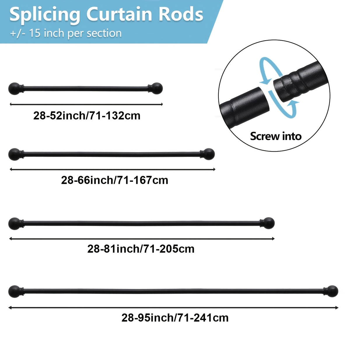 2 Pack Curtain Rods for Windows 28 to 95 Inch, 5/8 Inch Extra Long Matte Black Curtain Rod for Bathroom, Living Room, Kitchen