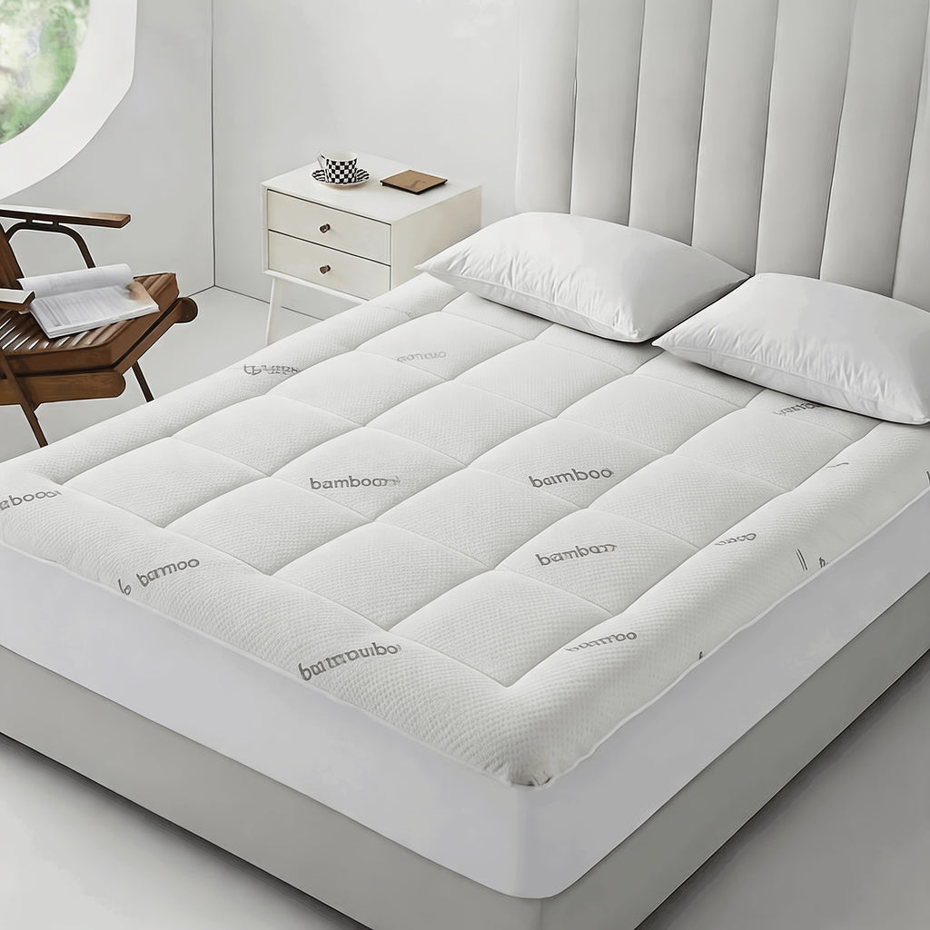 Bamboo Mattress Topper, Breathable Bamboo Fiber & Microfiber Fill, Supportive Bedding Mattress Pad for Home Hotel Dorm with 8-21" Deep Pocket