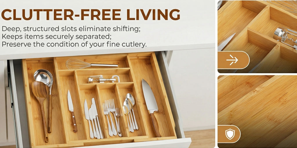 Versatile Bamboo Expandable Drawer Organizer for Cutlery, Adjustable Tray, Wooden Drawer Dividers for Organizing Silverware, Cutlery And Knives in The Kitchen, Bedroom Or Living Room