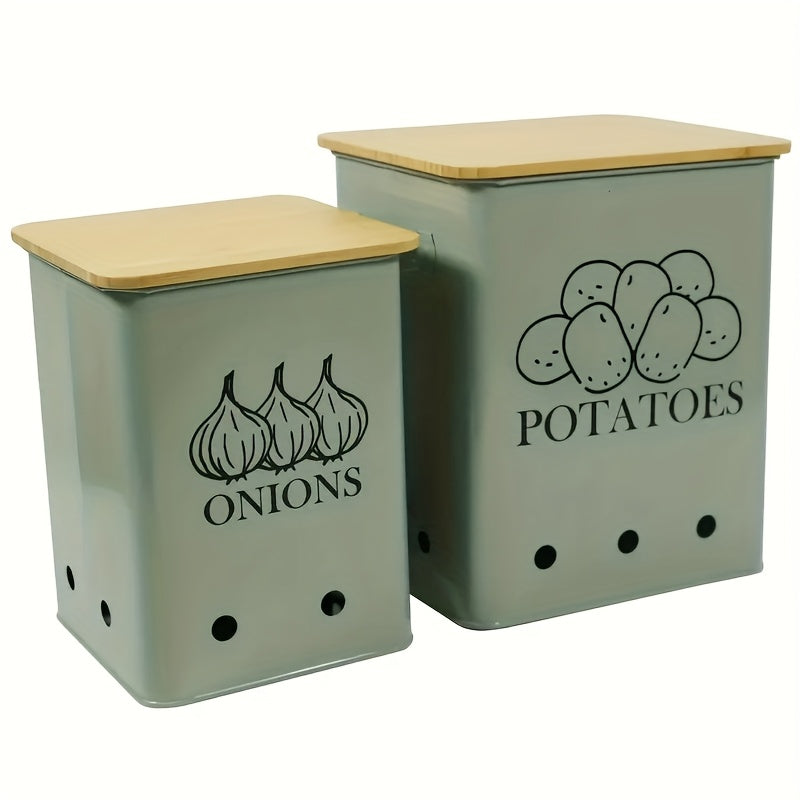 Kitchen Storage Canister, Potato Onion Storage Bin With Aerating Tin Storage Holes & Wooden Lid, Kitchen Organizers For Onion, Potato, Fruit, Black